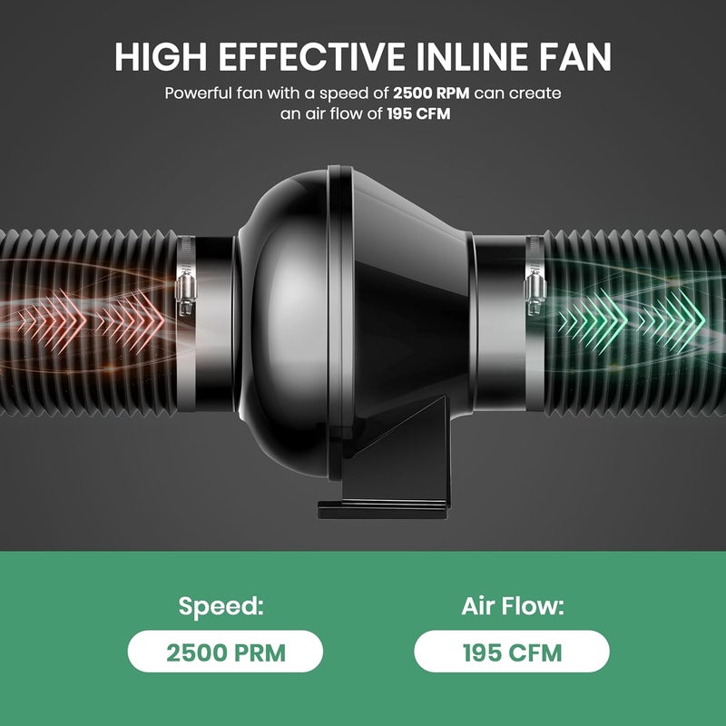 HealSmart 4 Inch Inline Duct Fan, 195 CFM Ventilation Fan, Exhaust HVAC Vent Blower for Hydroponics, Grow Tents, Basements, Attics, 1 Pack, Black - Image 3